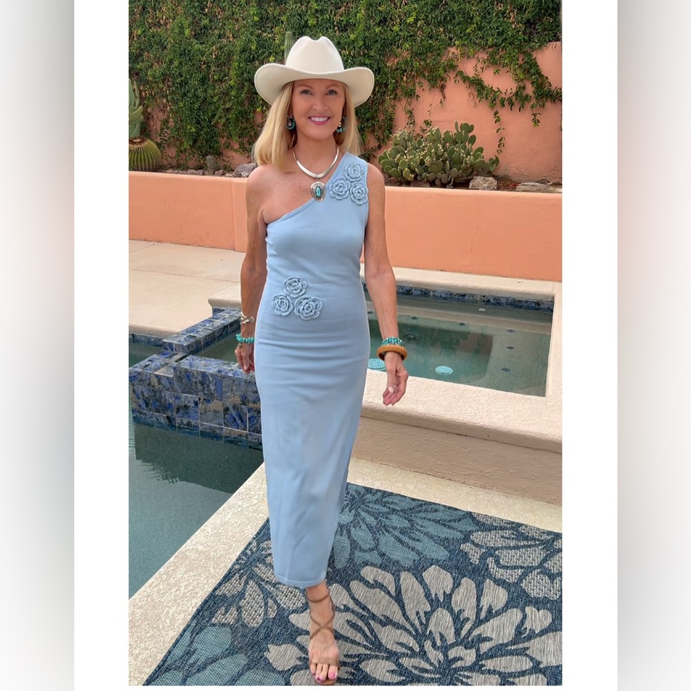 NWT Elegant Blue Flower One Shoulder Dress-S